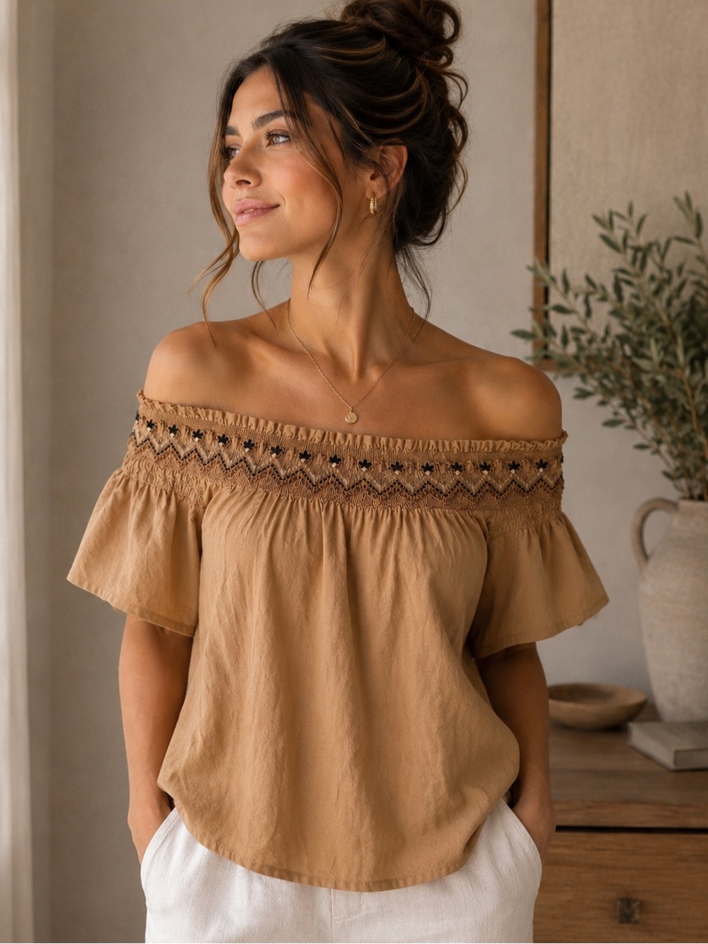 Embroidered Off-Shoulder Smocked Blouse Medium